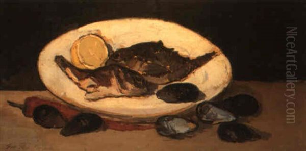 Natura Morta Con Cozze, Pesci E Limone Oil Painting by Giovanni Bartolena