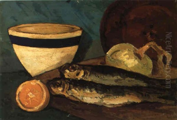 Natura Morta Con Aringhe, Limoni E Tazza Oil Painting by Giovanni Bartolena