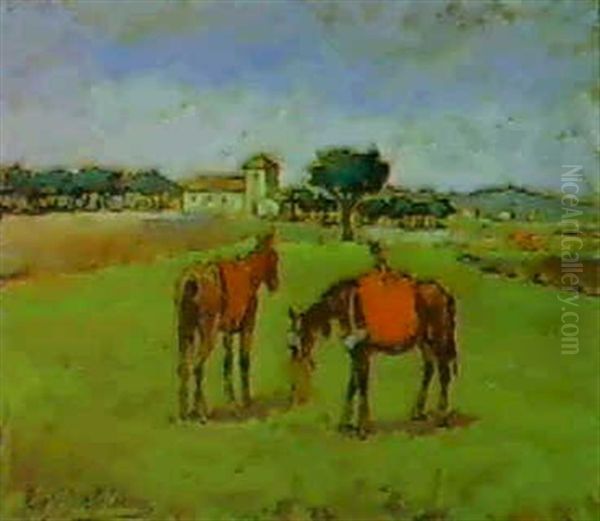 Casolare Con Cavalli Oil Painting by Giovanni Bartolena