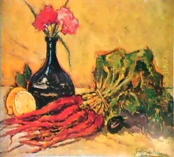 Natura Morta Con Carote E Vaso Di Fiori Oil Painting by Giovanni Bartolena