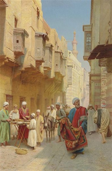 A Cairo Street Scene, With A Khubz Bread Seller, A Rug Merchant And A Water Seller Oil Painting by Filippo Bartolini