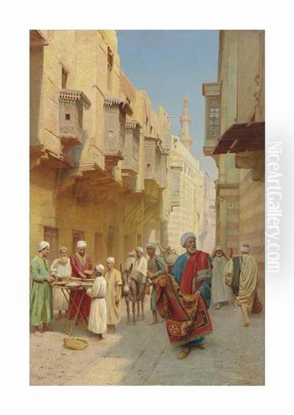 A Cairo Street Scene, With A Khubz Bread Seller, A Rug Merchant And A Water Seller Oil Painting by Filippo Bartolini