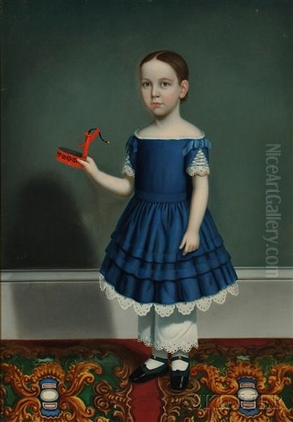 Portrait Of A Child Wearing A Blue Dress, Holding A Tinware Toy Pump Oil Painting by William Thompson Bartoll