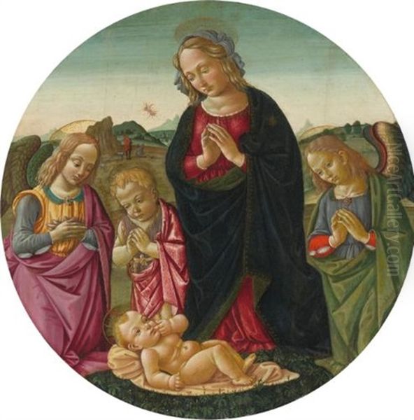 The Madonna And Infant Saint John The Baptist Adoring The Christ Child With Two Angels, The Annunciation To The Shepherds Beyond Oil Painting by  Bartolomeo di Giovanni