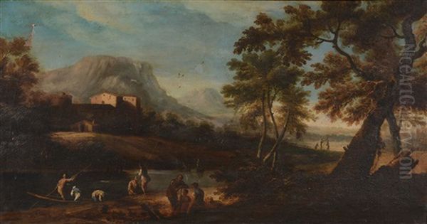 Fishermen In A Landscape Oil Painting by Pedon Bartolomeo