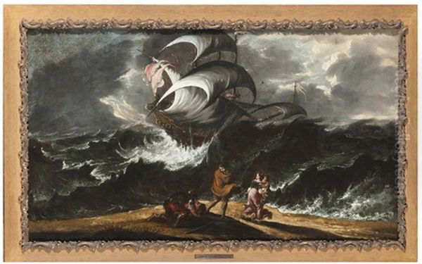 Mare In Tempesta Con Veliero E Personaggi Sugli Sogli Oil Painting by Pedon Bartolomeo