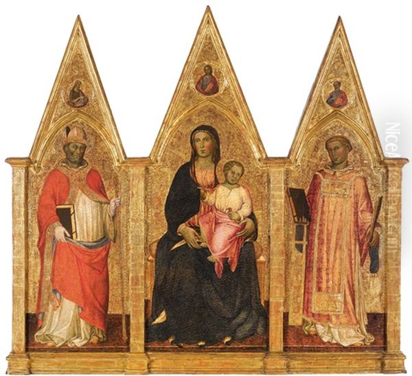 Madonna And Child Enthroned, With Saints Augustine And Lawrence, A Triptych, In The Pinnacles: The Redeemer, Saint John The Baptist And A Saint Oil Painting by Martino di Bartolommeo di Biagio