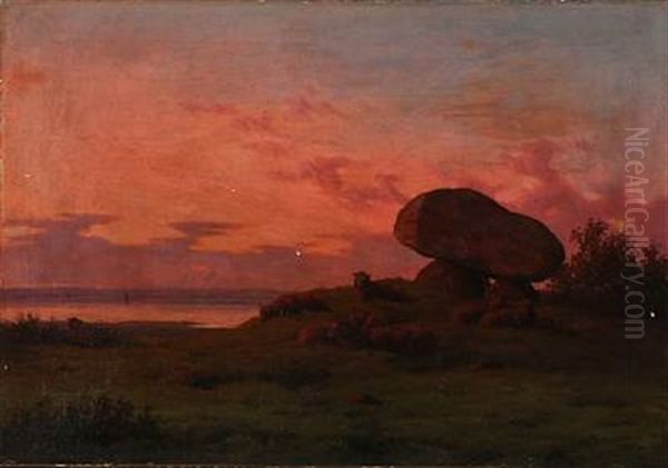 Sunset With Sheep At A Dolmen Oil Painting by Carl Frederik Bartsch