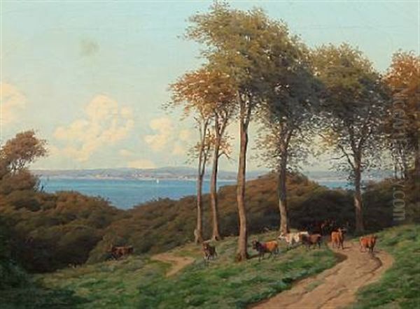 Summer Day, A Shepherd With His Cows, In The Background View To The Sea Oil Painting by Carl Frederik Bartsch