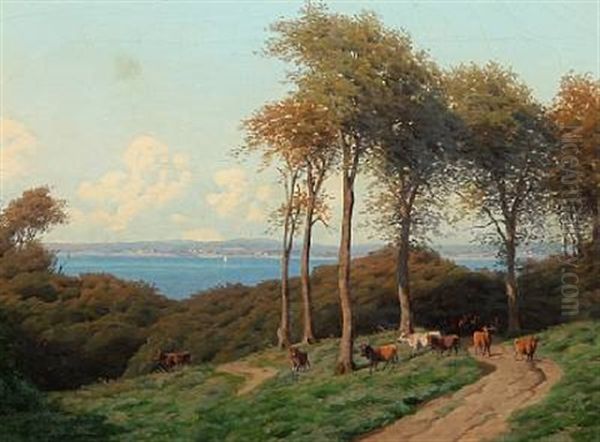 Summer Day With A Shepherd With His Cows, In The Background View To The Sea Oil Painting by Carl Frederik Bartsch