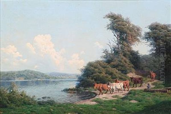 Summer Day With A Shepherd With His Cows At A Coast Oil Painting by Carl Frederik Bartsch