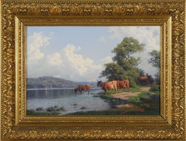 Cattle By The Riverside Oil Painting by Carl Frederik Bartsch