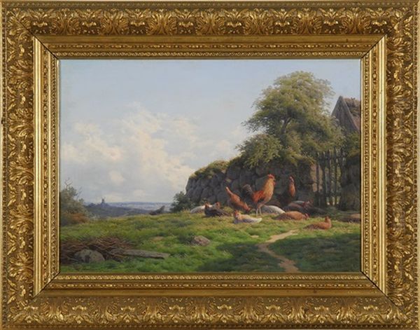 Country Landscape With Roosters Oil Painting by Carl Frederik Bartsch