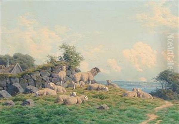 Summer Day With A Flock Of Grazing Sheep Oil Painting by Carl Frederik Bartsch