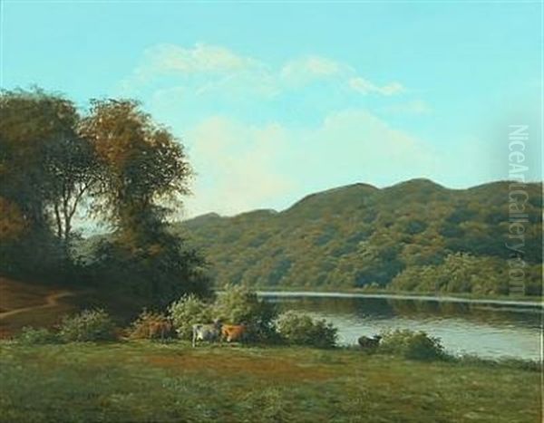 Cows By A Lake Oil Painting by Carl Frederik Bartsch