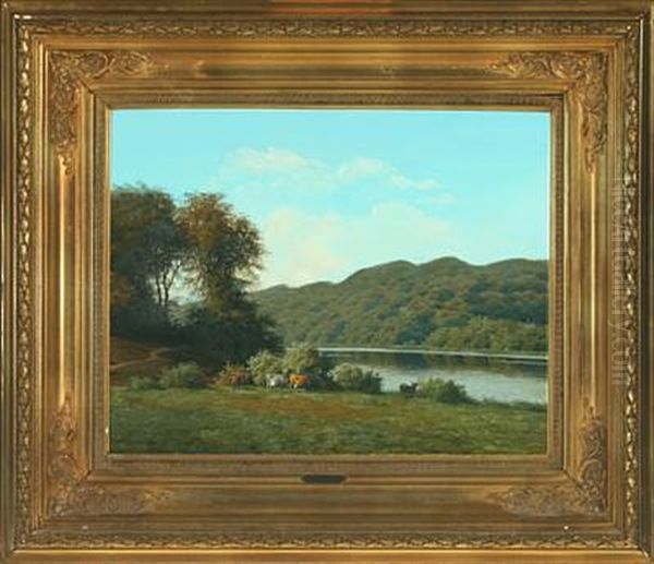 Cows By A Lake Oil Painting by Carl Frederik Bartsch