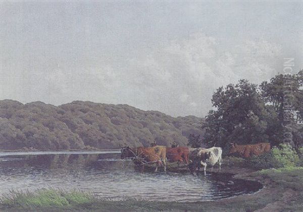 Koer Ved Et Vandingssted Oil Painting by Carl Frederik Bartsch