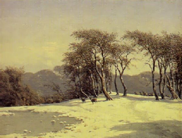 Vinterlandskab Med Ravildt I Skovens Udkant Oil Painting by Carl Frederik Bartsch