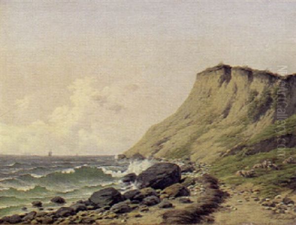 Klippeparti Med Far Og Udsigt Ober Oresund Med Kronborg I Baggrunden Oil Painting by Carl Frederik Bartsch