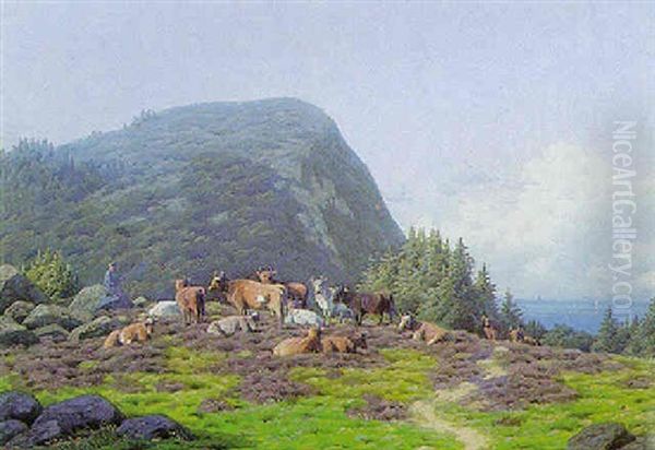 Klippelandskab Med Graessende Kvaeg Oil Painting by Carl Frederik Bartsch