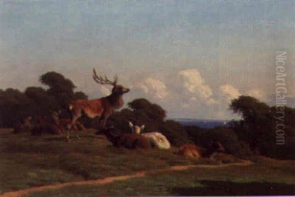 A Stag And Deer On A Hilltop With The Sea Beyond Oil Painting by Carl Frederik Bartsch