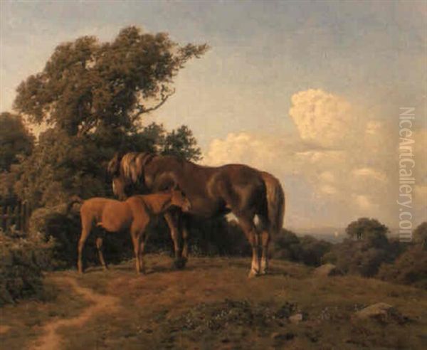 A Mare And Foal In A Landscape Oil Painting by Carl Frederik Bartsch