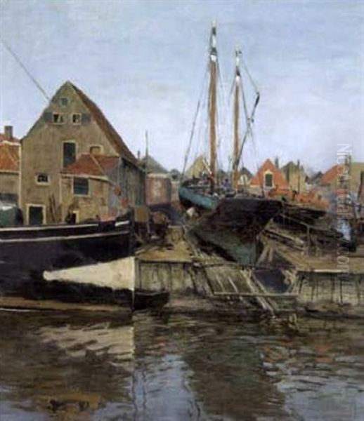 Shipyard In The Dutch Port Oil Painting by Wilhelm Bartsch