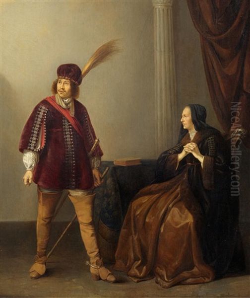 A Nobleman And A Lady On A Chair In An Interior Oil Painting by Willem Bartsius