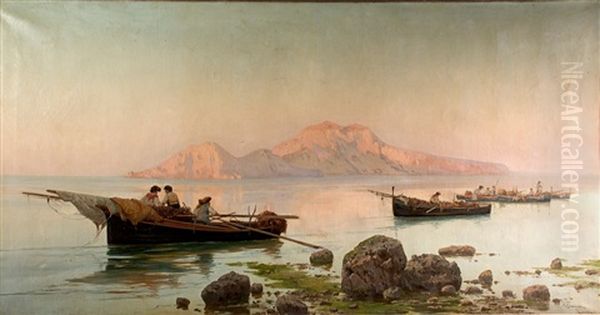 Fisherman In The Bay Of Naples With Capri In The Rear Ground Oil Painting by Pietro Barucci