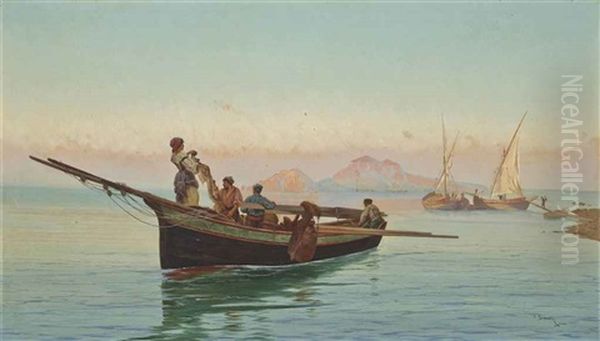 Fishing Vessels On The Coast, Naples Oil Painting by Pietro Barucci