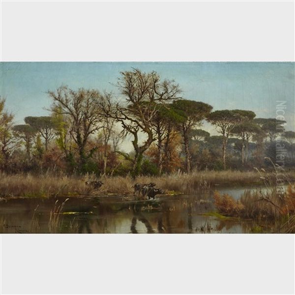 Water Buffalo Crossing A River Oil Painting by Pietro Barucci