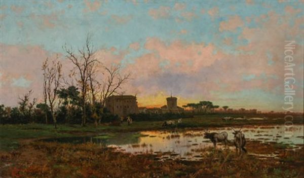 Castel Fusano And Marsh Scene Oil Painting by Pietro Barucci