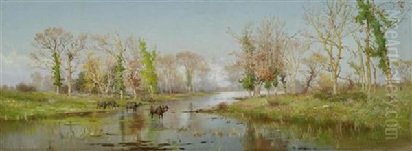 Weite Flusslandschaft Mit Buffeln Oil Painting by Pietro Barucci