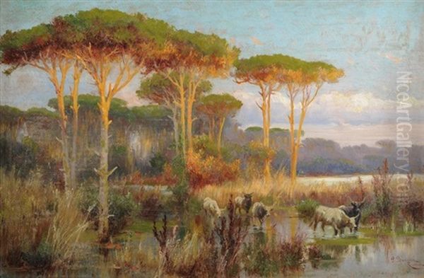 Wasserbuffel In Der Romischen Campagna Oil Painting by Pietro Barucci