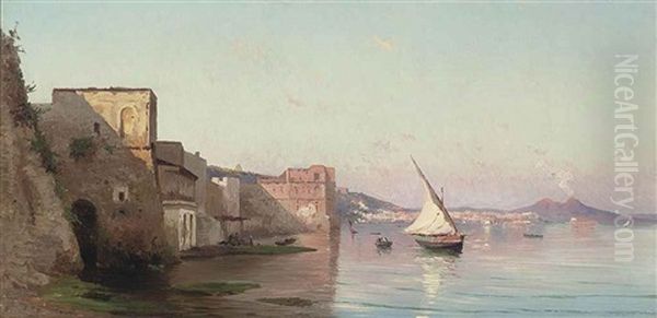 Fishing Vessels By The Palazzo Donn'anna, Naples Oil Painting by Pietro Barucci