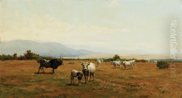 Cattle In Landscape Oil Painting by Pietro Barucci