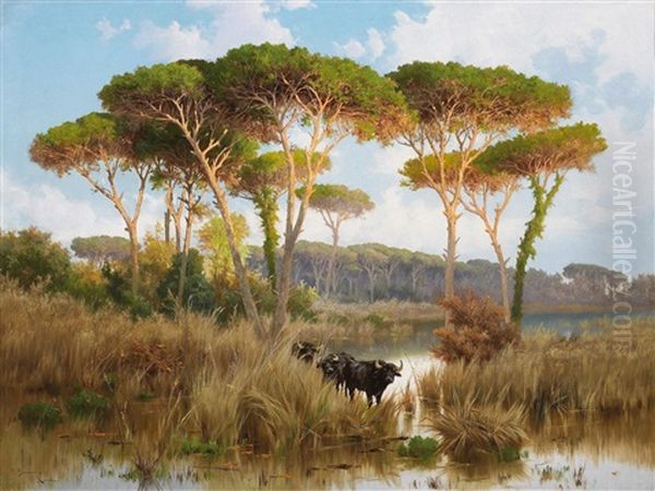 Wasserbuffel In Der Romischen Campagna Oil Painting by Pietro Barucci