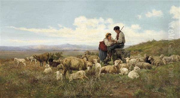 Junges Hirtenpaar Mit Ihren Schafen In Der Romischen Campagna Oil Painting by Pietro Barucci