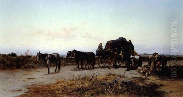 A Gypsy Caravan Oil Painting by Pietro Barucci