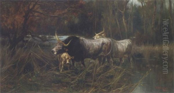 A Buffalo Family In The Roman Campagna Oil Painting by Pietro Barucci