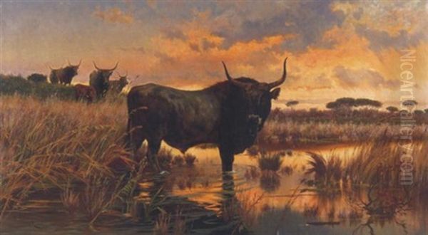 Buffel An Einer Furt Oil Painting by Pietro Barucci