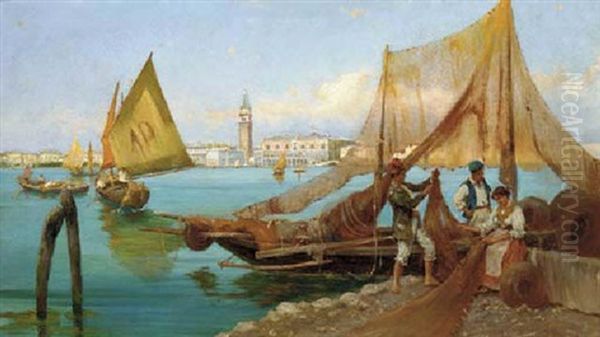 Fishermen In The Venetian Lagoon Oil Painting by Pietro Barucci