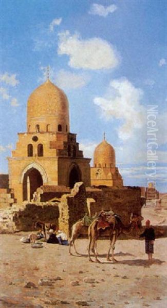 Camels Outside A Mosque Oil Painting by Pietro Barucci