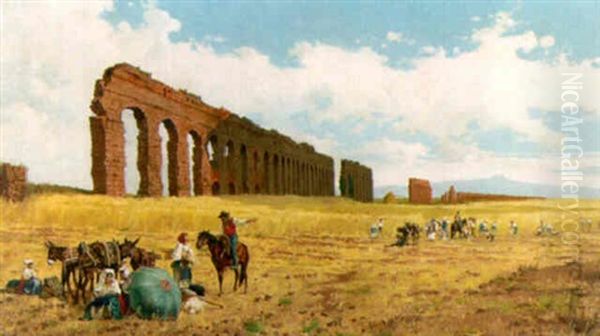 Harvesters On The Roman Campagna Oil Painting by Pietro Barucci