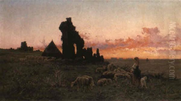 A Shepherdess And Her Flock In The Roman Campagna Oil Painting by Pietro Barucci