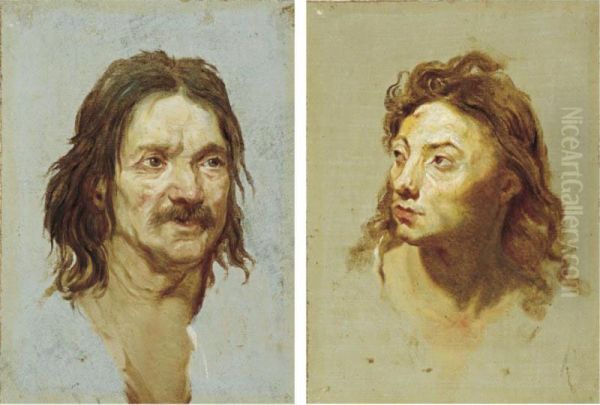 Head Of A Man With A Moustache; Head Of A Young Man Turned To His Right Oil Painting by Etienne Louis Advinent