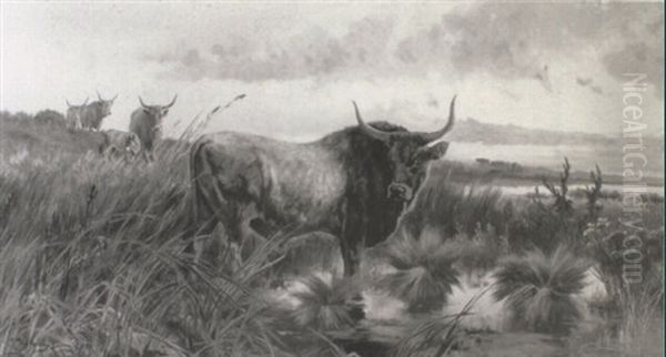 Cattle In The Roman Campagna Oil Painting by Pietro Barucci