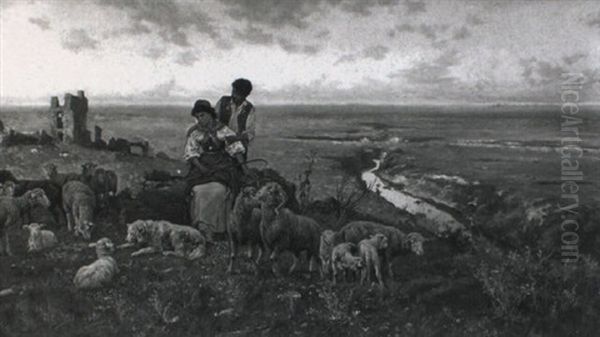 Sheep Herders, Campagna Plains Oil Painting by Pietro Barucci