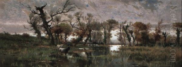 Buffalo In A Wooded River Landscape Oil Painting by Pietro Barucci