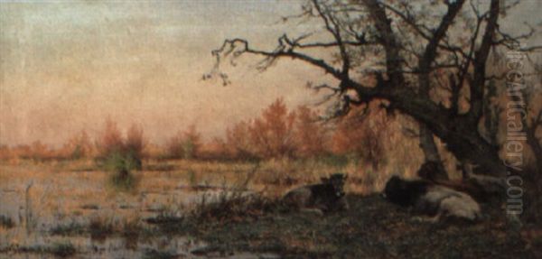 Cattle In A Marsh Landscape Oil Painting by Pietro Barucci